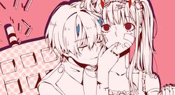  1boy bandaid bandaid_on_face blue_horns breasts chenaze57 cleavage closed_eyes collarbone commentary_request couple darling_in_the_franxx dress female finger_in_another&#039;s_mouth food hair_ornament hiro_(darling_in_the_franxx) holding holding_food horns long_hair long_sleeves military military_uniform monochrome oni_horns pink_theme red_horns straight twintails uniform zero_two_(darling_in_the_franxx) 