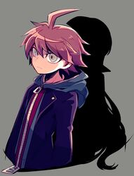  1boy ahoge brown_hair danganronpa danganronpa_1 different_shadow expressionless female grey_eyes hooded_jacket kirigiri_kyouko naegi_makoto shadow short_hair tagme 