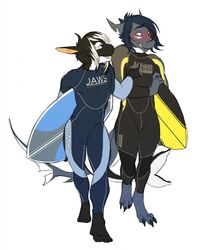  anthro blush cetacean dolphin duo ear_piercing fish hi_res male mammal marine notched_ear oceanic_dolphin orca piercing piranhapettingzoo shark simple_background smile standing surfboard teeth toothed_whale vehicle watercraft wetsuit white_background 