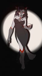  alcohol anthro beverage biped canid canine canis clothed clothing dress female glass gun handgun jewelry looking_at_viewer mammal necklace noir piranhapettingzoo pistol ranged_weapon simple_background solo standing weapon wide_hips wine wolf 