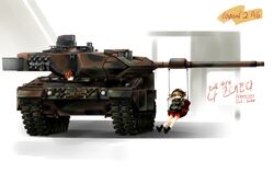  2girls appetizer_(gray) artist_name blonde_hair brown_hair caterpillar_tracks commentary_request dated highres leopard_2 military military_vehicle motor_vehicle multiple_girls original tank twintails 