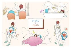  bathing bathtub bell blanket bob_cut bruno_bucciarati collar commentary_request crescent_moon crossover doraemon doraemon_(character) dorayaki eating flower food hair_ornament hairclip holding_hands jingle_bell jojo_no_kimyou_na_bouken moon neck_bell plant robot rubber_duck same-sex_bathing shared_bathing sitting sleeping steam towel towel_on_head under_covers vento_aureo wagashi whiskers window xxxceller 