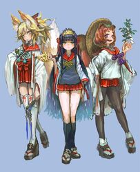  3girls animal_ears bell black_hair blonde_hair blue_background blue_eyes branch breasts brown_hair fox_ears fox_girl fox_tail highres holding holding_branch japanese_clothes jingle_bell jonpei kagura_suzu kneehighs leaf leaf_on_head legs long_hair looking_at_viewer medium_breasts miniskirt multiple_girls original pantyhose platform_footwear raccoon_ears raccoon_girl raccoon_tail red_skirt sailor_collar sandals short_hair simple_background skirt socks standing tabi tail thighhighs torii torii_hair_ornament yellow_eyes 