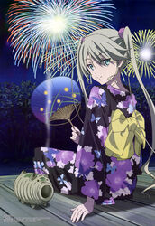  absurdres female fireworks green_eyes grey_hair hand_fan highres japanese_clothes kayari_buta kimono long_hair looking_back mahou_sensou megami_magazine minai_naoko night non-web_source official_art paper_fan scan shijou_momoka sitting sky smile solo twintails uchiwa very_long_hair yukata 