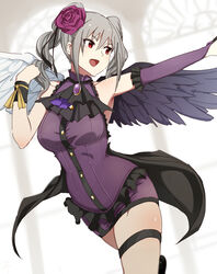  :d armpit_peek asymmetrical_wings bare_shoulders breasts commentary_request cowboy_shot elbow_gloves feathered_wings female flower gloves green_hair hair_flower hair_ornament idolmaster idolmaster_cinderella_girls kanzaki_ranko large_breasts medium_hair open_mouth outstretched_arm red_eyes red_flower red_rose rose rosenburg_engel_(idolmaster) senju_(snz0) skindentation smile solo thigh_strap twintails wings 