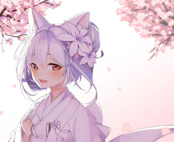  :d animal_ear_fluff animal_ears azur_lane backlighting blurry blurry_background blush bow branch brown_eyes cat_ears cherry_blossoms commentary_request depth_of_field female fingernails flower flower_knot folded_fan folding_fan gradient_background hair_between_eyes hair_bun hair_flower hair_ornament hand_fan hand_up japanese_clothes kimono long_hair long_sleeves looking_at_viewer oerba_yun_fang official_alternate_costume open_mouth petals pink_background pink_flower shiruko_(27anko) single_hair_bun single_side_bun smile solo upper_body white_background white_flower white_hair white_kimono yukikaze_(azur_lane) yukikaze_(the_warmth_of_spring)_(azur_lane) 