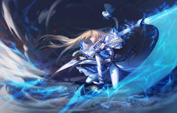  1boy alternate_hairstyle arm_support belt belt_buckle blonde_hair blue_eyes buckle capelet closed_mouth commentary_request dust electricity fingerless_gloves floating_hair gloves guilty_gear hair_down kneeling ky_kiske light_particles long_hair long_sleeves magnolia_eclair_ii male_focus motion_blur outstretched_arm pants profile solo sword tabard very_long_hair weapon white_pants xhouz 