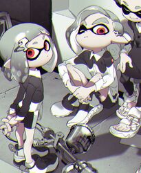  1boy aerospray_(splatoon) arms_behind_back bike_shorts black_legwear blunt_bangs closed_eyes closed_mouth coat collared_shirt commentary_request feet female full_body grey_hair hair_ornament highres inkling inkling_boy inkling_girl inkling_player_character long_sleeves looking_at_viewer one_eye_closed pointy_ears red_eyes shirt shoes short_eyebrows shorts sitting smile sneakers splatoon_(series) splatoon_2 standing tentacle_hair thick_eyebrows yoneyama_mai 