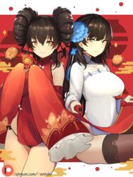  2girls animal bare_shoulders black_panties blue_flower boar breasts brown_eyes brown_hair brown_legwear china_dress chinese_clothes chinese_zodiac closed_mouth commentary detached_sleeves double_bun dress english_commentary flower girls&#039;_frontline hair_bun hair_flower hair_ornament hair_ribbon hentaki highres holding large_breasts long_hair long_sleeves looking_at_viewer multiple_girls new_year official_alternate_costume panties patreon_username pelvic_curtain red_dress red_ribbon ribbon scroll short_dress side-by-side side-tie_panties sidelocks sitting sleeves_past_fingers sleeves_past_wrists smile standing thighhighs thighs turtleneck type_95_(girls&#039;_frontline) type_95_(narcissus)_(girls&#039;_frontline) type_97_(girls&#039;_frontline) type_97_(peony)_(girls&#039;_frontline) underwear white_dress wide_sleeves 