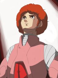  1boy afro brown_eyes cosmo_yuki densetsu_kyojin_ideon male male_focus nanasi-g pilot_suit red_hair solo 