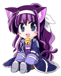  animal_ears bell blue_eyes blush_stickers buckle cat_ears cat_tail chibi commentary_request female hair_ribbon hairband kemonomimi_mode kuromitu_(kageneko) long_hair long_sleeves lyrical_nanoha magical_girl mahou_shoujo_lyrical_nanoha_innocent open_mouth pantyhose ponytail purple_hair ribbon shoes sitting sleeves_past_wrists solo tail tsukimura_suzuka very_long_hair wide_sleeves 