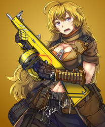  aa-12 adapted_costume ahoge alternate_weapon baggy_pants bandolier belt_pouch black_gloves blonde_hair breasts cleavage commentary drum_magazine female gloves gun highres huge_ahoge large_breasts long_hair magazine_(weapon) military_operator navel pants pouch prosthesis prosthetic_arm purple_eyes rosa_katze rwby shotgun shotgun_shell single_glove sleeves_rolled_up solo toned wavy_hair weapon yang_xiao_long 