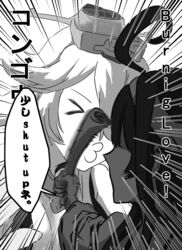  &gt;3&lt; ahoge bad_id bad_pixiv_id banned_artist greyscale headband hitting iowa_(kantai_collection) kantai_collection kongou_(kantai_collection) monochrome multiple_girls tachikoma_(mousou_teikoku) yuri 