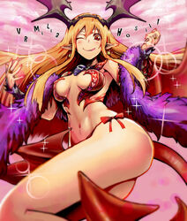  ;) ;p bikini bikini_bottom_only blonde_hair blush commentary_request demon_girl demon_tail earrings female hairband head_wings highres jewelry kunreishiki long_hair lord_of_vermilion lord_of_vermilion_iii milia_(lord_of_vermilion) one_eye_closed panties photoshop_(medium) pointy_ears red_bikini red_eyes romaji_text side-tie_panties skull smile solo swimsuit tail takechi_akinobu tongue tongue_out underwear wings 