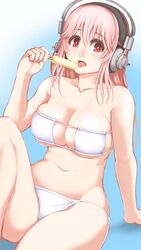  arm_support bikini blue_background blush breasts cleavage collarbone commentary_request deni_m eating eyepatch_bikini female food gradient_background hair_between_eyes hand_up headphones highres hip_focus holding holding_food knee_up large_breasts long_hair looking_at_viewer navel nitroplus open_mouth pink_hair popsicle red_eyes sitting skindentation solo straight_hair strapless strapless_bikini string_bikini super_sonico swimsuit underboob white_bikini 