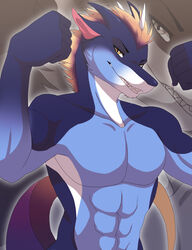  2017 5_fingers abs biceps blonde_hair blue_body blue_scales bust_portrait claws clothed clothing dragon fingers flexing gradient grin hair half-length_portrait hi_res horn humanoid_hands lawkie looking_at_viewer male muscular muscular_male mythological_creature mythological_scalie mythology pecs portrait pose reptile scales scalie sharp_teeth smile solo standing tail teeth teryx_commodore topless white_body white_scales yellow_eyes 