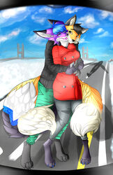  2_tails absurd_res aircraft airplane anthro black_hair blue_eyes blue_hair bridge canid canine clothed clothing digitigrade dipstick_tail duo female fox fur hair hi_res hug inner_ear_fluff male mammal markings multi_tail multicolored_tail open_mouth orange_body orange_fur purple_body purple_fur runway sabre_dacloud short_hair tail tail_markings teeth tongue tuft vehicle winter 