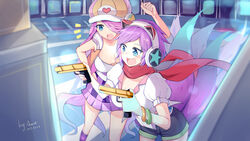  2girls ahri_(league_of_legends) amiemie animal_ears arcade_ahri arcade_miss_fortune bracelet breasts cabbie_hat cleavage collarbone commentary_request dated fox_ears fox_tail hair_over_one_eye hat headphones highres jewelry large_breasts league_of_legends long_hair midriff miss_fortune_(league_of_legends) mole mole_under_eye multiple_girls multiple_tails oerba_yun_fang official_alternate_costume open_mouth purple_hair red_scarf scarf short_hair tail 