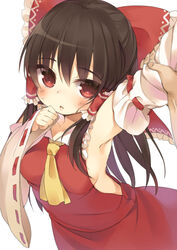  :o arm_grab armpits ascot bad_link black_hair blush bow breasts detached_sleeves female hair_tubes hairbow hakurei_reimu image_sample long_hair medium_breasts mirei naver_sample red_bow red_eyes red_skirt ribbon-trimmed_sleeves ribbon_trim sideboob sidelocks simple_background skirt solo_focus sweatdrop touhou vest white_background 