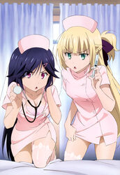  2girls :o absurdres aiba_mui blonde_hair blue_hair bow bra breasts cleavage green_eyes hair_ornament hairbow hairclip hat highres isoshima_kurumi long_hair mahou_sensou medium_breasts multiple_girls non-web_source nurse nurse_cap nyantype official_art pink_eyes stethoscope syringe thighhighs underwear zettai_ryouiki 