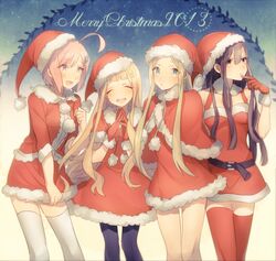  4girls ahoge asuda bad_id bad_pixiv_id blonde_hair costume gloves hair_ornament hairpin hat long_hair multiple_girls original pantyhose pink_eyes pink_hair red_eyes red_gloves santa_costume santa_hat thighhighs 