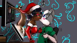  16:9 2017 4_fingers absurd_res anthro bell biped black_hair black_nose blue_eyes blush breasts brown_body brown_ears brown_fur brown_tail chair christmas christmas_clothing christmas_headwear clothed clothing digital_media_(artwork) domestic_cat drawing_tablet duo eyelashes eyeliner felid feline felis female fingers fur furniture gloves gloves_(marking) green_clothing green_eyes green_shirt green_topwear grey_body grey_ears grey_fur grey_nose hair handwear hat headgear headwear hi_res holidays kiss_on_lips kissing kissing_bough kitt_kitan_(artist) kitt_kitan_(character) lei-lani looking_at_another makeup male mammal markings mistletoe motion_lines multicolored_body multicolored_fur mustelid otter plant red_clothing red_gloves red_handwear red_hat red_headwear red_topwear santa_hat screen shirt shirt_grab simple_background sitting surprise_kiss t-shirt tablet tail topwear two_tone_body two_tone_fur white_body white_fur widescreen 