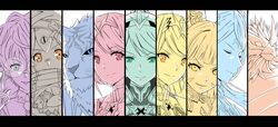  6+girls android animal animal_ears armor blue_eyes blush brighid_(xenoblade) cat_ears closed_eyes column_lineup commentary_request covered_navel dress dromarch_(xenoblade) earrings everyone fire glasses green_eyes hat highres jewelry long_hair looking_at_viewer mebi_il multiple_girls multiple_monochrome mythra_(xenoblade) nia_(blade)_(xenoblade) nia_(xenoblade) orange_eyes pandoria_(xenoblade) pneuma_(xenoblade) ponytail poppi_(xenoblade) poppi_alpha_(xenoblade) pyra_(xenoblade) robot roc_(xenoblade) short_hair simple_background smile spoilers swept_bangs tiger twintails xenoblade_chronicles_(series) xenoblade_chronicles_2 yellow_eyes 