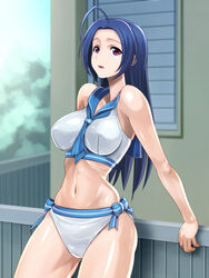  ahoge bikini blue_hair breasts commentary_request female idolmaster idolmaster_(classic) large_breasts long_hair miura_azusa muhi11234 navel outdoors red_eyes sailor_bikini sailor_collar sailor_swimsuit_(idolmaster) solo swimsuit 