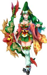  bare_shoulders bow_(weapon) breasts cleavage detached_sleeves female full_body green_hair green_skirt holding holding_bow_(weapon) holding_weapon kanna_(chaos966) large_breasts long_hair official_art oshiro_project:re platform_footwear red_eyes skirt solo transparent_background very_long_hair weapon yoshida_kooriyama_(oshiro_project) 