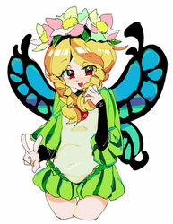  :d blonde_hair blush braid butterfly_wings commentary_request cropped_legs eyes_visible_through_hair fairy female head_wreath insect_wings leaf long_hair long_sleeves looking_at_viewer mafuyu_hemp mercedes_(odin_sphere) nose_blush odin_sphere open_mouth parted_bangs red_eyes short_jumpsuit simple_background sleeves_past_wrists smile solo thigh_gap twin_braids v white_background wings 