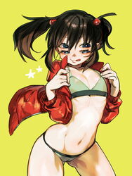  :3 ass_visible_through_thighs bikini black_hair blue_eyes cameltoe closed_mouth commentary_request cowboy_shot extra_eyes female fingernails flat_chest green_background green_bikini groin hair_between_eyes hair_bobbles hair_ornament jacket legs_apart long_sleeves mafuyu_hemp navel open_clothes open_jacket original red_jacket short_hair smile solo stomach swimsuit tongue tongue_out twintails 