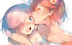  2girls bare_shoulders blue_eyes blush bright_pupils closed_eyes commentary dress fate/grand_order fate_(series) flower fujimaru_ritsuka_(female) fujimaru_ritsuka_(female)_(starlight_fest) hair_flower hair_ornament hair_over_one_eye kissing kissing_cheek kissing_eye mash_kyrielight mash_kyrielight_(formal_dress) mebaru multiple_girls official_alternate_costume open_mouth orange_flower orange_hair pink_hair portrait purple_flower short_hair surprised teeth upper_teeth_only white_flower white_pupils yuri 