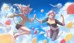  2girls :d animal_ears balloon bird blue_eyes breasts capri_pants cat_tail cleavage cloud detached_collar final_fantasy final_fantasy_xiv hair_ornament hairclip holding_hands lavender_eyes lavender_hair long_hair looking_at_another multiple_girls open_mouth pants potion_lilac(popopotionu) short_hair shorts sky sleeves_rolled_up smile stylus tail white_hair 