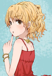  artist_request blonde_hair bracelet dress female jewelry legs legs_crossed looking_back nail_polish necklace red_dress solo the_girl_in_the_dress to_aru_majutsu_no_index yellow_eyes 