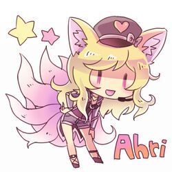  :d ahri_(league_of_legends) alternate_color alternate_costume alternate_eye_color alternate_hair_color alternate_hairstyle animal_ears blonde_hair blush bow character_name chibi commentary_request cosplay cross-laced_footwear epaulettes female fox_ears fox_tail full_body girls&#039;_generation gradient hand_on_own_hip hand_on_own_knee hat hat_bow headset heart heart_necklace idol jacket jewelry league_of_legends leaning_forward long_hair long_sleeves looking_at_viewer lowres multiple_tails necklace no_nose open_clothes open_jacket open_mouth peaked_cap popstar_ahri purple_eyes shimatta shoes short_shorts shorts simple_background smile solo star_(symbol) tail wavy_hair white_background zipper |_| 