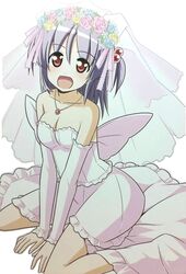  bare_shoulders breasts bridal_veil bride cleavage collarbone female flower hair_ornament hayate_no_gotoku! medium_breasts necklace open_mouth purple_hair red_eyes segawa_izumi short_hair short_twintails smile solo twintails veil wedding_dress 