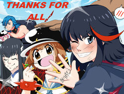  2boys 4girls black_hair blue_eyes commentary_request gamagoori_ira highres jakuzure_nonon kill_la_kill kiryuuin_satsuki long_hair mankanshoku_mako matoi_ryuuko mikisugi_aikurou multicolored_hair multiple_boys multiple_girls nudist_beach_uniform sarachibi school_uniform short_hair smile spoilers spoken_blush translated two-tone_hair 