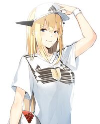  2018_fifa_world_cup adidas alternate_costume ball bismarck_(kancolle) blonde_hair blue_eyes breasts commentary female germany hair_between_eyes hand_on_headwear hat jersey kantai_collection long_hair meth_(emethmeth) smile soccer soccer_ball soccer_uniform solo sportswear telstar_18 uniform visor_cap world_cup 