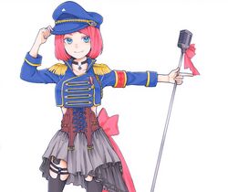  adjusting_clothes adjusting_headwear bad_id bad_pixiv_id black_skirt black_thighhighs blue_eyes blue_hat corset cowboy_shot epaulettes female hat highres insignia kurumikko marker_(medium) microphone original pink_hair short_hair skirt solo standing thighhighs traditional_media 