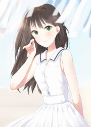  bad_id bad_pixiv_id blush breasts brown_hair closed_mouth collarbone female furururu green_eyes idolmaster idolmaster_cinderella_girls long_hair looking_at_viewer medium_breasts shibuya_rin skirt sleeveless smile solo white_skirt 