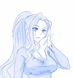  alternate_hairstyle blue_theme breasts breath cleavage commentary eclair_seaetto english_commentary female hair_up high_ponytail highres large_breasts long_hair long_sleeves looking_at_viewer monochrome open_mouth photoshop_(medium) solo sweat tate_no_yuusha_no_nariagari towel viperxtr wiping_sweat 