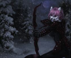  2019 5_fingers anthro arrow_(weapon) black_nose bow_(weapon) brown_eyes collaboration darzycat digital_media_(artwork) felid feline fingers hair holding_object holding_weapon mammal microsoft night particles pink_hair ranged_weapon raventenebris snow snowing solo standing the_elder_scrolls weapon 