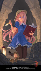  backpack bag bernie_sanders black_footwear blue_dress book brush coin commentary_request dress egyptian frills glasses hat hieroglyphics high_heels highres hillary_clinton holding holding_book kneeling lamp long_hair mahan_(pacific) pacific_(kancolle) pantyhose photoshop_(medium) pink_hair pulling purple_eyes real_life ribbon shoes sima_naoteng smile 