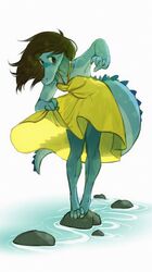  alligator alligatorid anthro barefoot biped brown_hair clothed clothing crocodilian dress feet female hair hi_res paws piranhapettingzoo reptile scalie scampi sharp_teeth simple_background solo standing sundress tail teeth white_background 