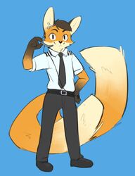  2_tails absurd_res air_traffic_control anthro aviation bottomwear canid canine clothing dosent dress_shirt footwear fox hi_res male mammal multi_tail pants sabre_dacloud shirt shoes solo standing tail topwear 