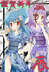  2girls alternate_costume bad_id bad_pixiv_id blush bow drawing_on_another&#039;s_face hagoita hair_ornament hairbow hand_on_own_hip highres hinanawi_tenshi japanese_clothes kanzashi kimono mayuzumi_makiha multiple_girls nagae_iku paddle ponytail touhou tsumami_kanzashi 