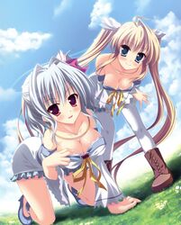  2girls absurdres all_fours angel_ring bent_over blonde_hair blue_eyes breasts cleavage collarbone day from_below grass hair_ornament highres large_breasts long_hair medium_breasts mika_alsted_heine multiple_girls outdoors pantyhose red_eyes rukia_luminous_suiren silver_hair smile twintails white_legwear yamakaze_ran 