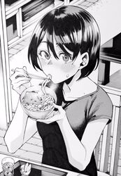  aburaage bad_id bad_twitter_id blush bowl chair chopsticks drink eating female food greyscale highres holding holding_chopsticks indoors kitsune_udon mole mole_on_neck monochrome nakajima_ryou noodles original short_hair sitting solo table tray udon 