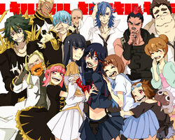  5girls 6+boys alternate_costume bad_id bad_pixiv_id black_hair blue_eyes blue_hair blush brown_hair canine cigarette con_potage dark_skin epaulettes everyone gamagoori_ira group_picture guts_(kill_la_kill) hair_bun hat headband highres hug hug_from_behind inumuta_houka iori_shirou jakuzure_nonon junketsu kill_la_kill kinagase_tsumugu kiryuuin_satsuki laughing mankanshoku_barazou mankanshoku_mako mankanshoku_matarou mankanshoku_sukuyo matoi_ryuuko mikisugi_aikurou mohawk multiple_boys multiple_girls photoshop_(medium) pink_eyes pink_hair sanageyama_uzu school_uniform senketsu serafuku shako_cap single_hair_bun soroi_mitsuzou spikes 