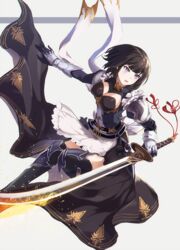  action apron armor belt black_armor black_hair black_thighhighs blunt_bangs breasts cleavage_cutout clothing_cutout commentary eruthika female gauntlets gloves grey_background highres jumping knee_pads long_sleeves looking_to_the_side maid_apron medium_breasts open_mouth overskirt pauldrons puffy_sleeves purple_eyes shadowverse short_hair shoulder_armor simple_background skirt solo sparks sumeragi_erika_(shadowverse) sword tassel thighhighs weapon white_skirt 